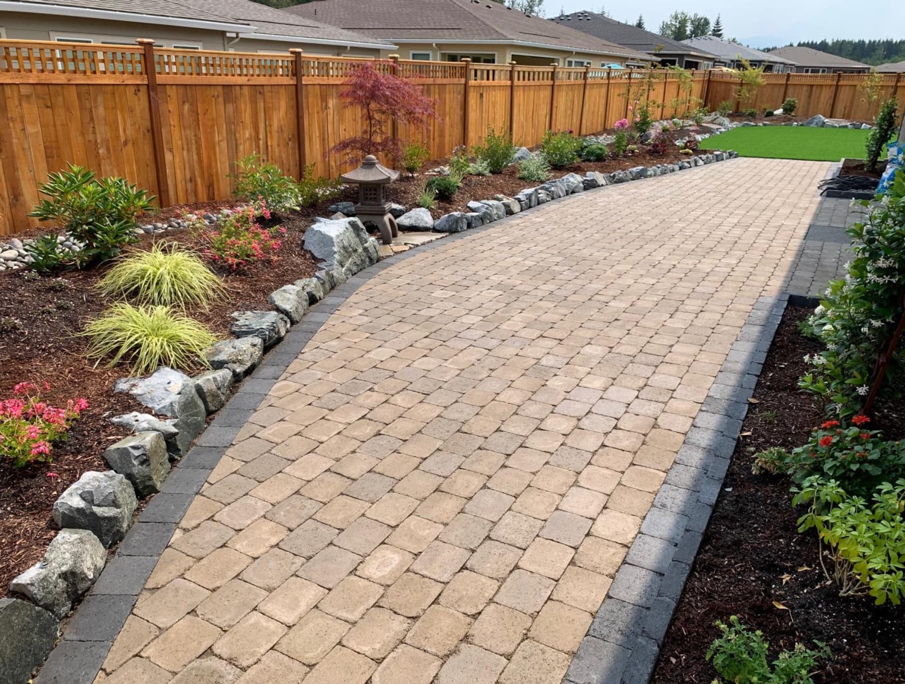 Long paver patio and walkway installation in Tacoma WA