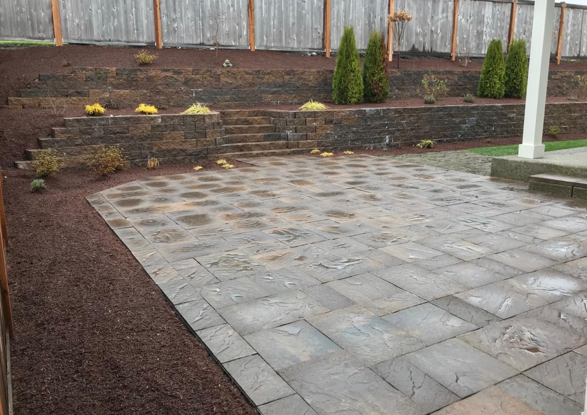 Completed retaining wall and patio installation in Tacoma WA
